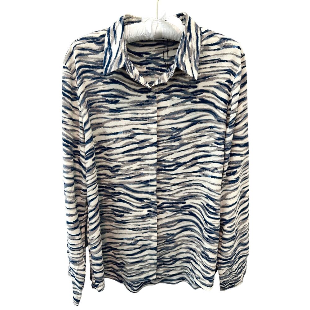 SARAH JOHN | Zebra Print Button Front Blouse Blue Ivory Long Sleeve Top | T4 10